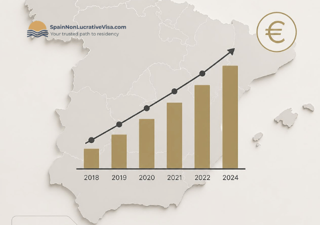 IPREM 2026 Explained: The Number That Sets Every NLV Income Requirement - Spain Non-Lucrative Visa Guide 2026 Illustrative bar chart with rising bars from 2018 to 2024 and a euro symbol over a map of Spain, representing the IPREM income indicator